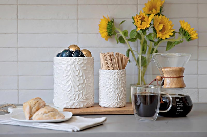 25DOL Large 7.3"+5.4" Engraved Ceramic Utensil Holder for Countertop, Cooking Utensils Organizer for Spatula, Large Utensils Crock for Kitchen Counter, Kitchen Decor, set of 2, White - Image 5